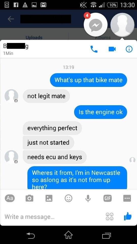 Exchange between alleged motorbike thief and buyer